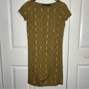 Lauren Ralph Lauren Snakeskin Print Dress Size Small Short Sleeve Beige Brown